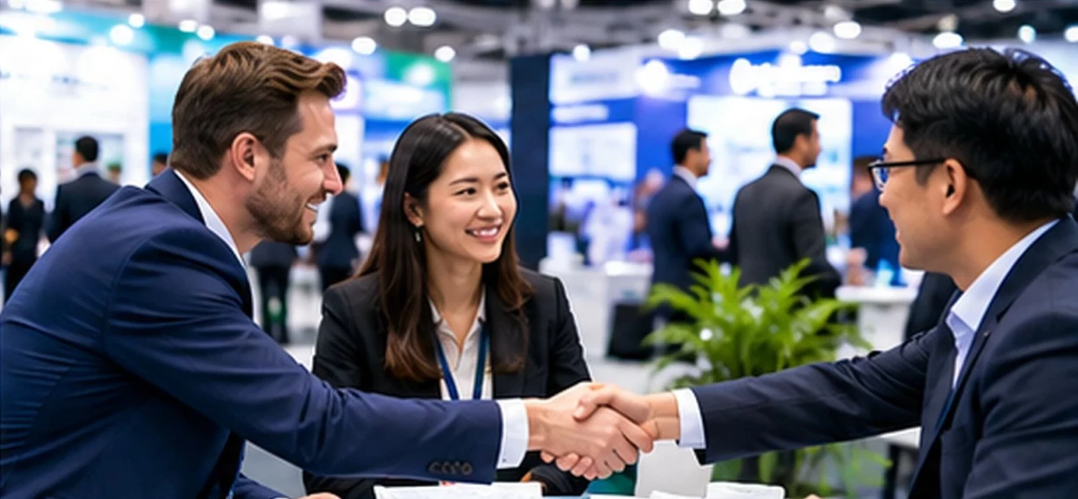 Global business connections: buyers and suppliers shaking hands at a stall